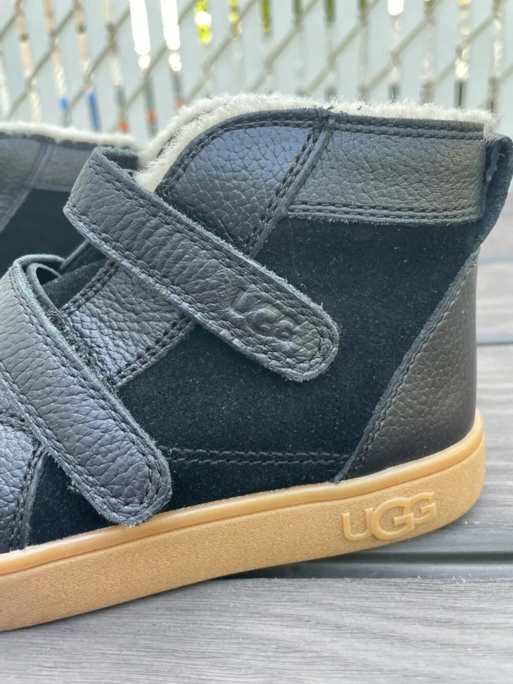 UGG Shearling trim black leather ankle boots 12 US
